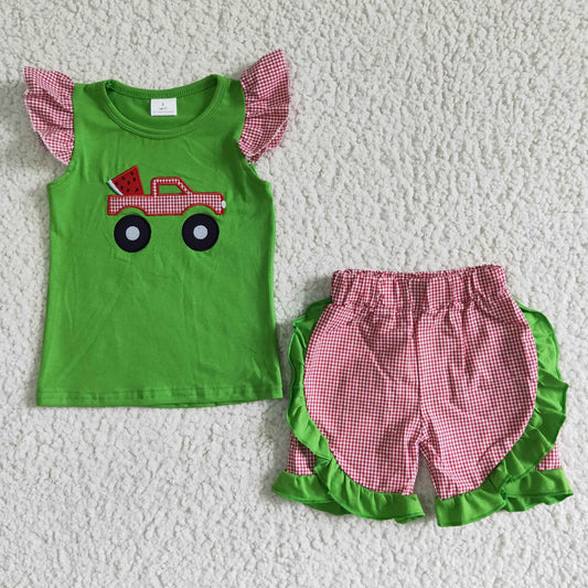 GSSO0122 Green Watermelon Embroidery Girls Set