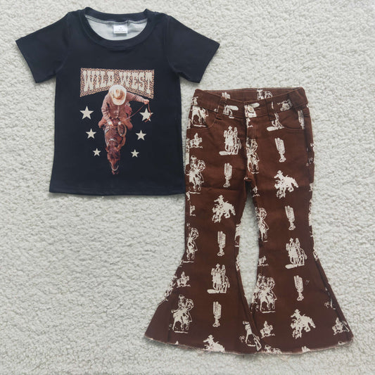 GSPO0568 Wild West Black Horse Top Match Brown Denim Jeans Girls Set