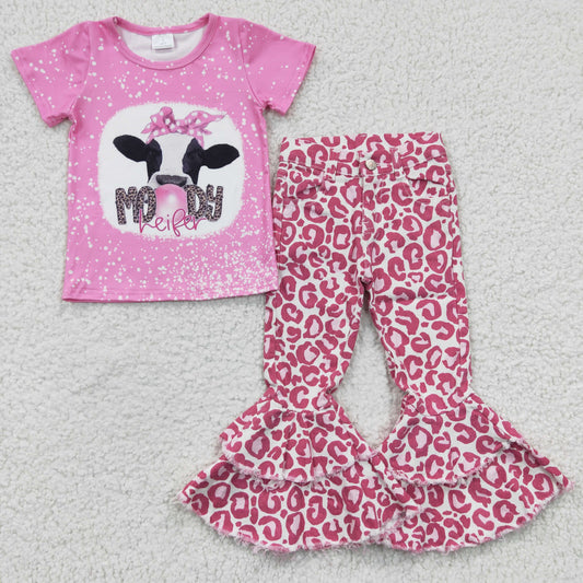 GSPO0444 Moody Heifer Pink Leopard Print Denim Jeans Girls Set