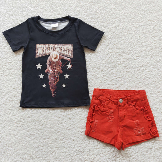 GSS00254 Wild West Black Horse Top Match Orange Denim Shorts Jeans Set