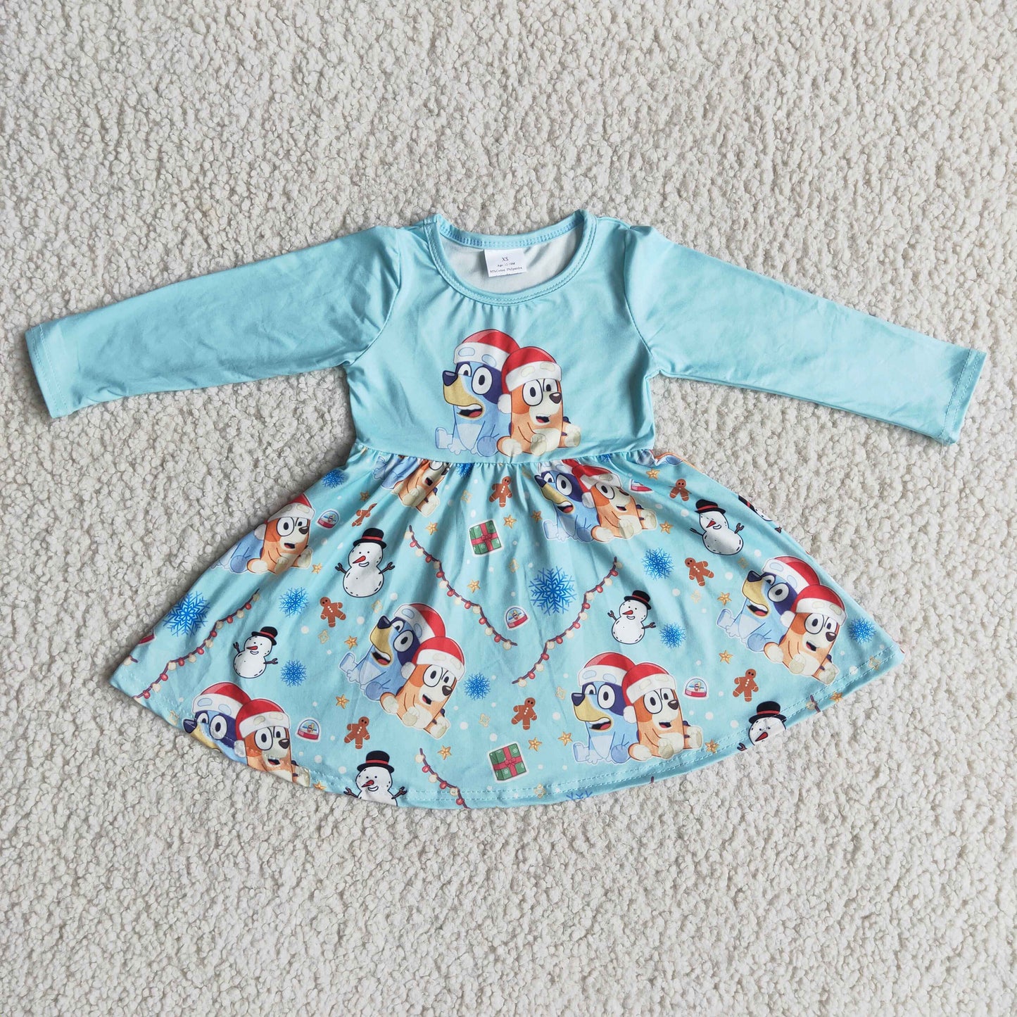 Blue Cartoon Christmas Twirl Dress