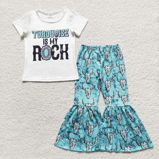 GSPO0545 Turquoise Is My Rock Cow Skull Baby Girls Set