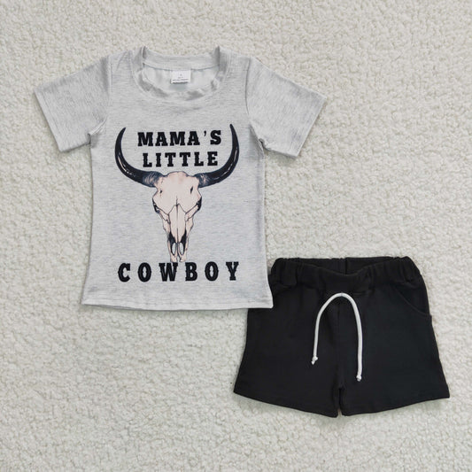 BSSO0192 Mama's Little Cowboy Cow Skull Western Black Shorts Boys Summer Set
