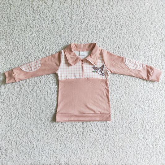 BT0034 Pink Bird Plaid Print Pullover Boys Top