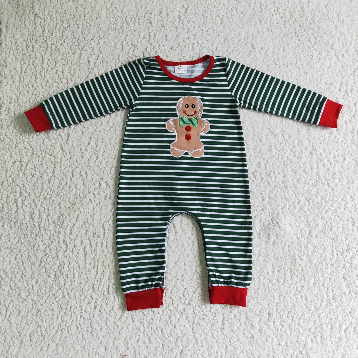 6 A27-2 Christmas Green Striped Print Gingerbread Romper