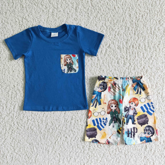 BSSO0048 Blue Short Sleeve Cartoon Boys Set
