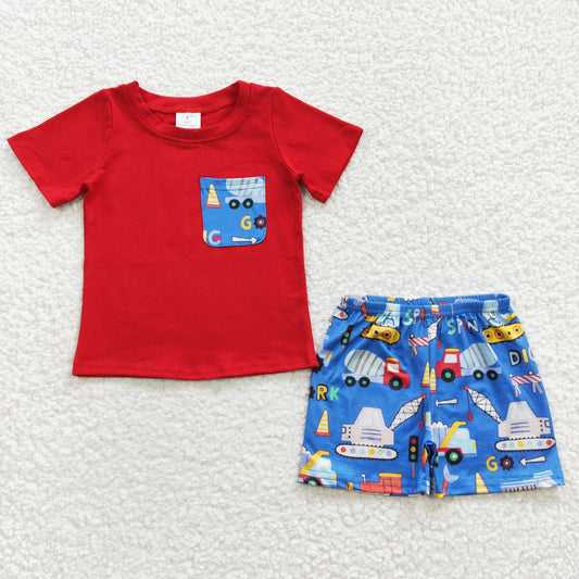 BSSO0233 Red Short Sleeve Construction Boys Pocket Summer Set