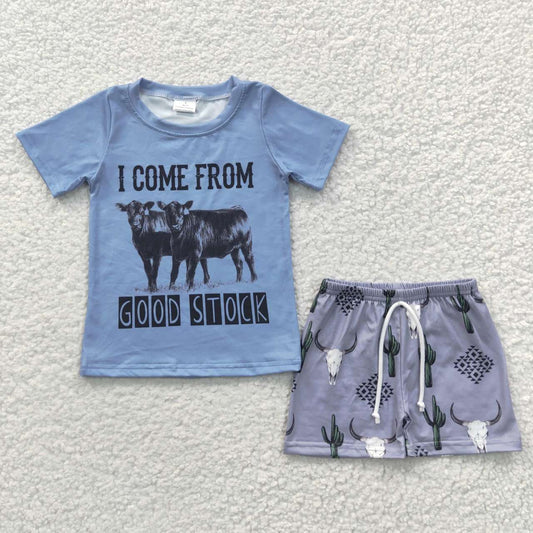 BSSO0240 I Come From Good Stock Cow Short Sleeve Cactus Boys Summer Set