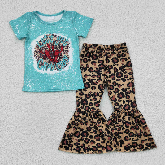 GSPO0333 Blue Bleach Let's Get Cary Cray Lobster Leopard Print Girls Set
