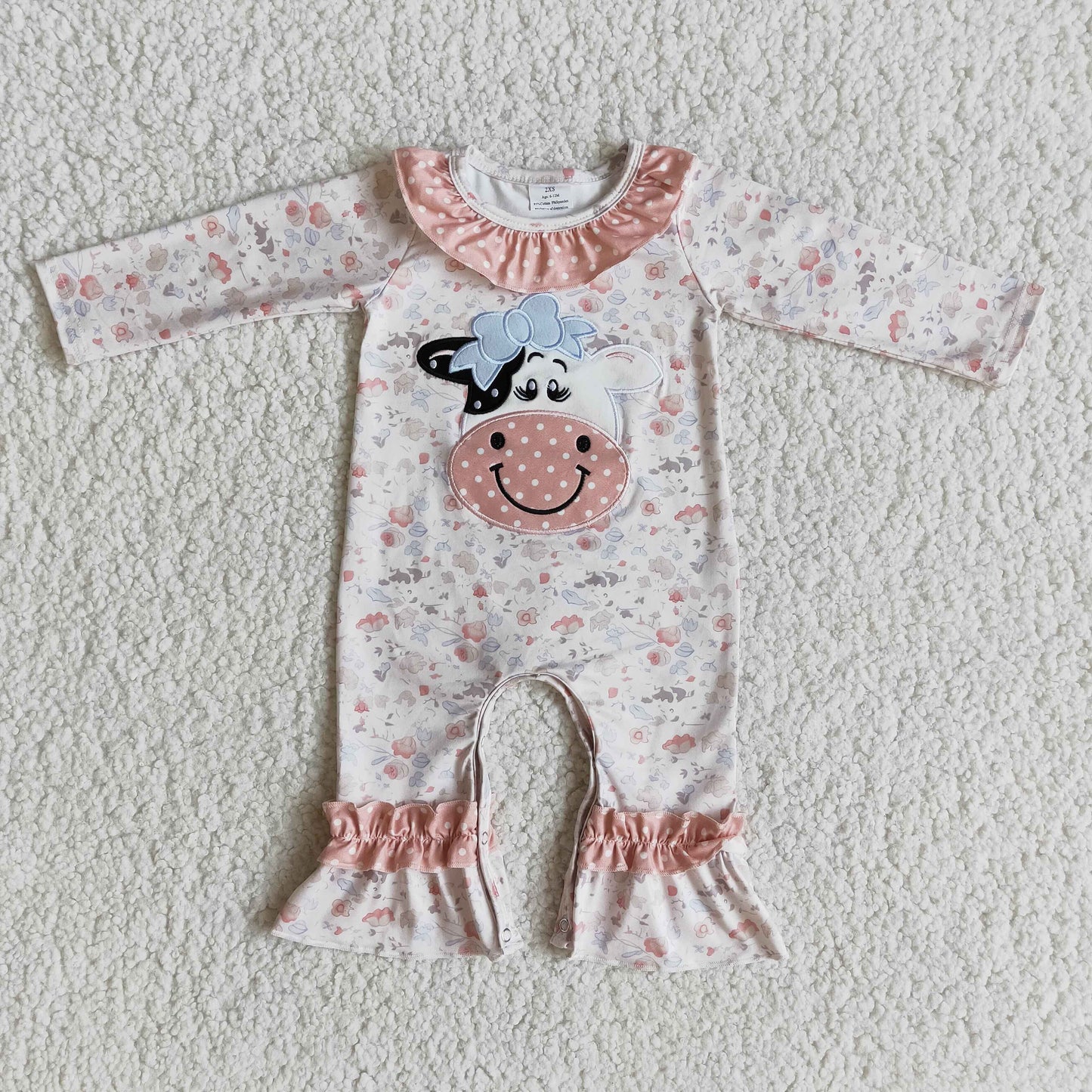 Embroidery Cow Floral Baby Girls Long Sleeve Romper