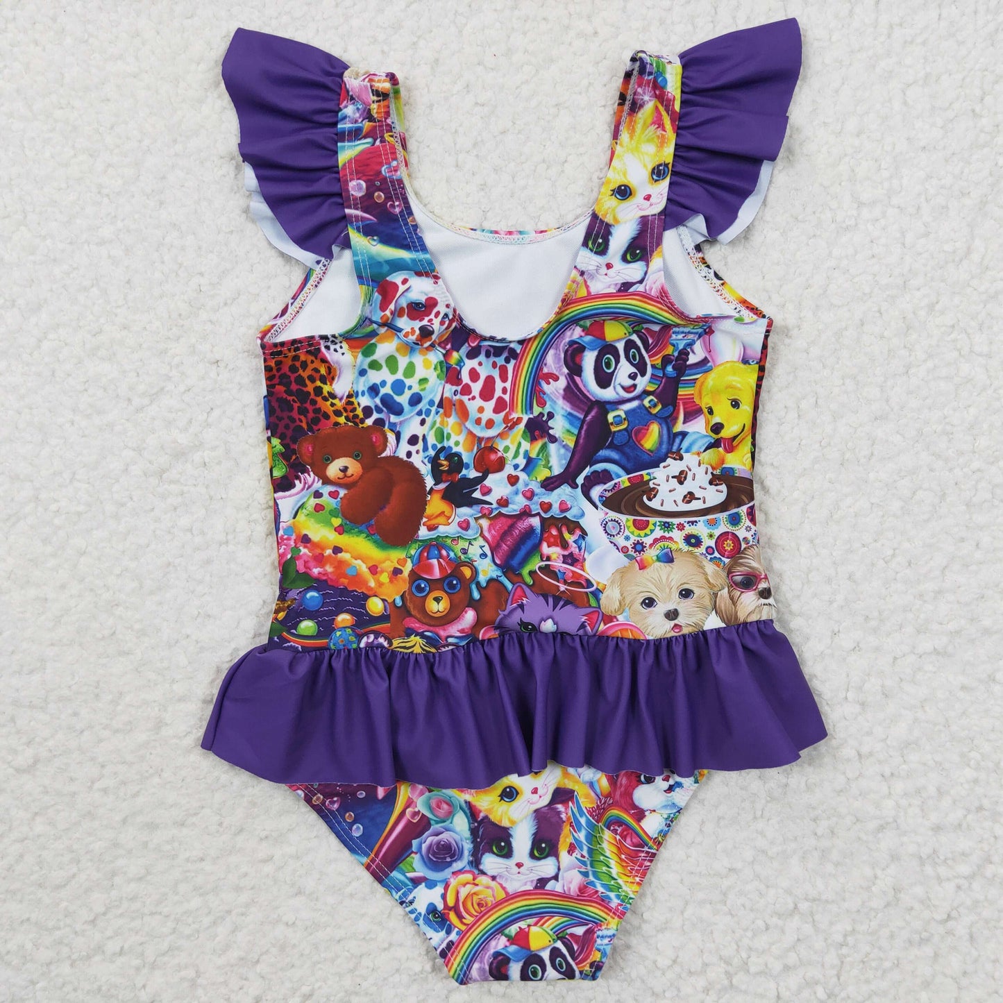 S0041 Purple Cartoon Flutter Sleeve Summer Kids Bathing Suits Swimsuits