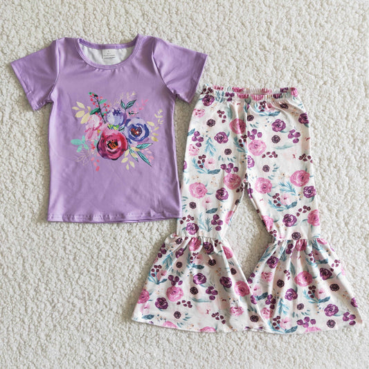 Purple Floral Print Girls Toddler Outfits