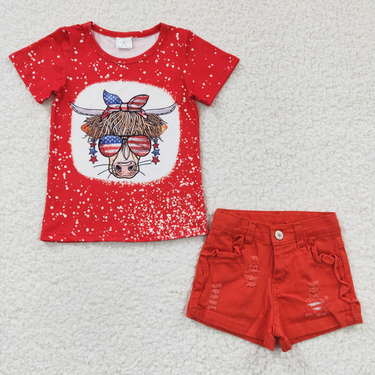 GSSO0249 Red 4th Of July Highland Cow Denim Jeans Girls Set
