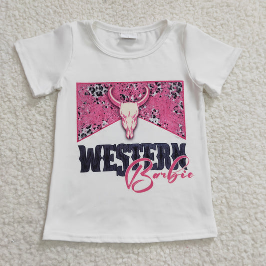 GT0134 Western Pink Cow Skull Short Sleeve Kids Shirts Top