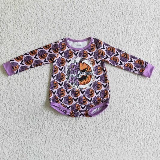 LR0079 Halloween Pumpkin & Purple Flower Long Sleeve Girls Bummies Romper