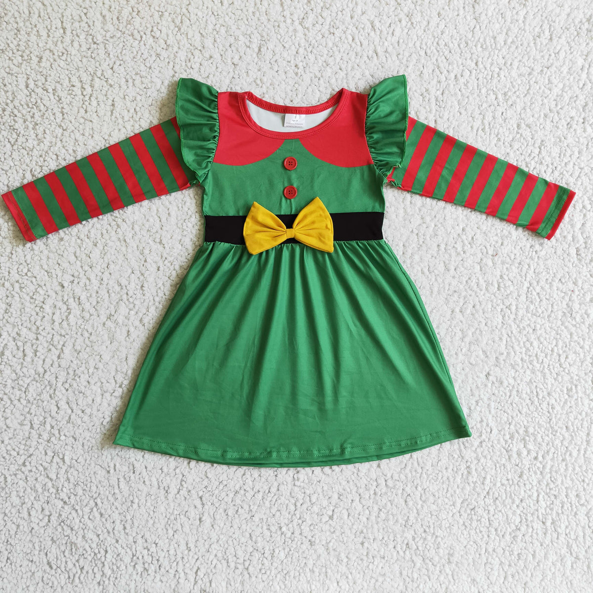 GLD0143 Christmas Green Bow Long Sleeve Girls Dress