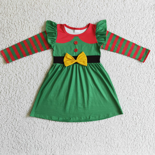 GLD0143 Christmas Green Bow Long Sleeve Girls Dress
