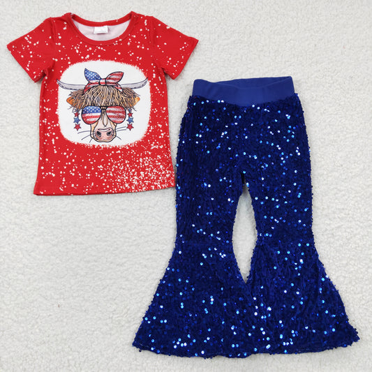 GSPO0574 4th Of July Heifer Red Short Sleeve Blue Sequin Pants