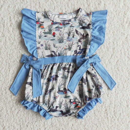 Blue Flutter Sleeve Duck Print Romper