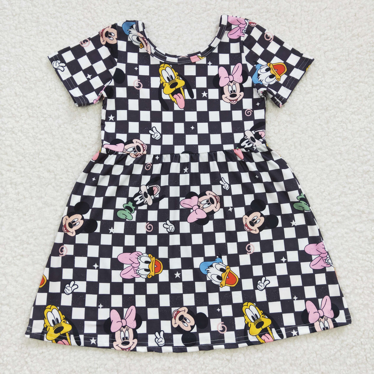 GSD0235 Black Plaid Print Short Sleeve Cartoon Baby Girls Dress