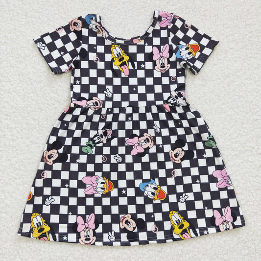 GSD0235 Black Plaid Print Short Sleeve Cartoon Baby Girls Dress