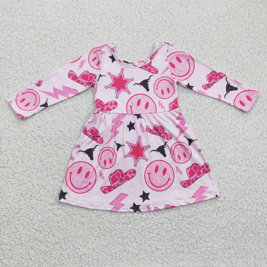 GLD0170 Pink Western Smile Cow Skull Long Sleeve Girls Dress