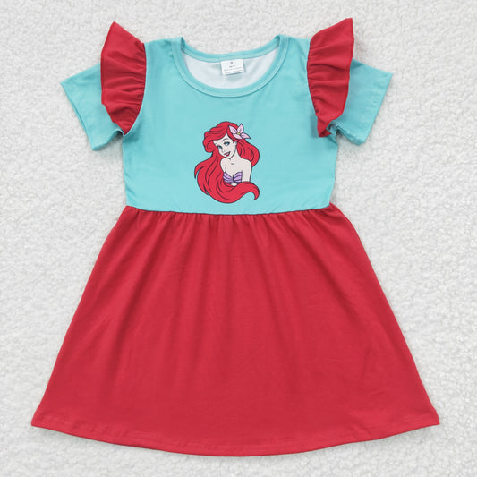 GSD0250 Red Flutter Sleeve Short Sleeve Mermaid Summer Princess Girls Dress