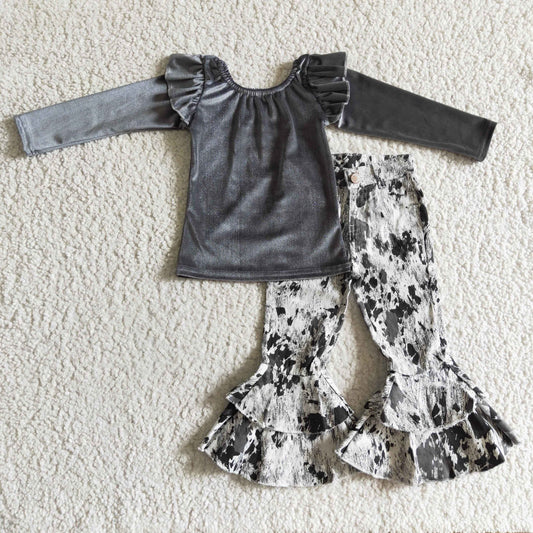 GLP0337 Grey Velvet & Cow Print Denim Jeans Set