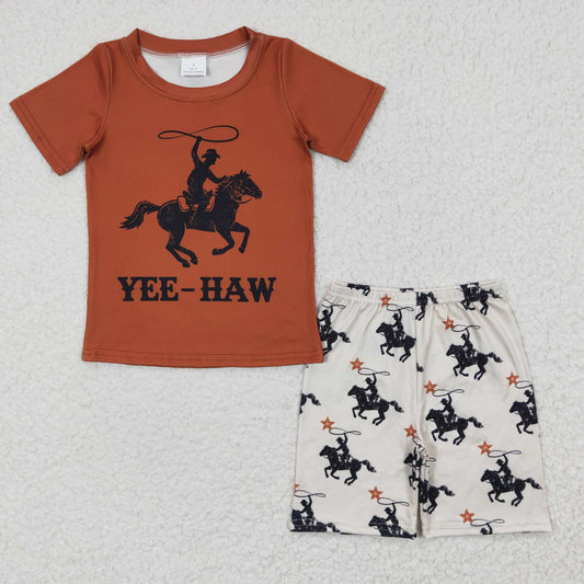 BSSO0189 Yee-Haw Horse Western Boys Short Sleeve Brown Summer Set