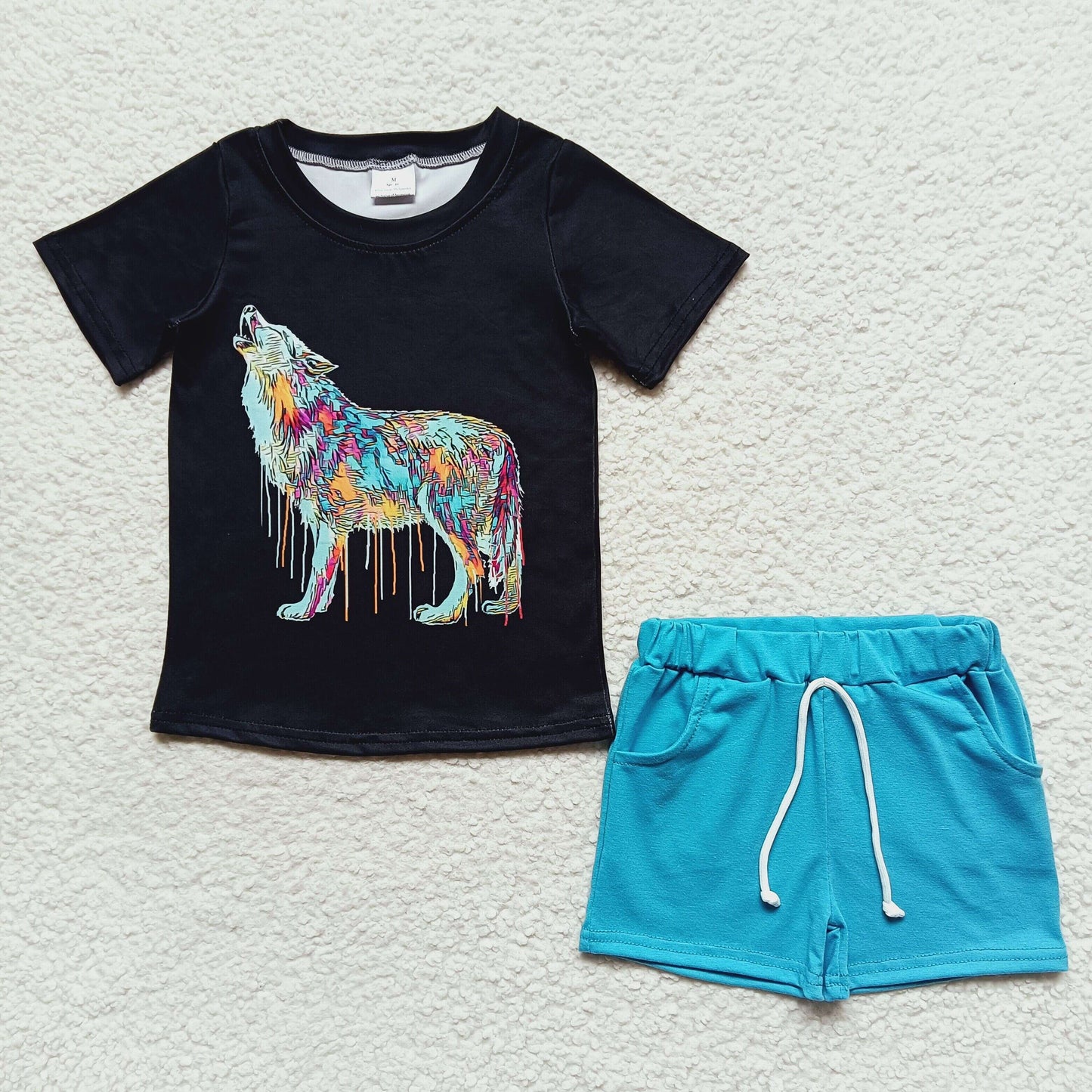 BSSO0219 Black Short Sleeve Colorful Wolf Blue Shorts Boys Set