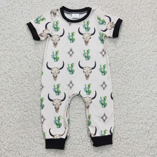 SR0144 Cow Skull Cactus Western Short Sleeve Romper
