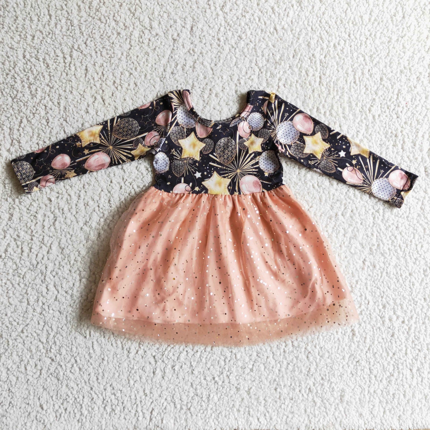 GLD0125 Happy New Year Star Fireworks Long Sleeve Girls Tutu Dress