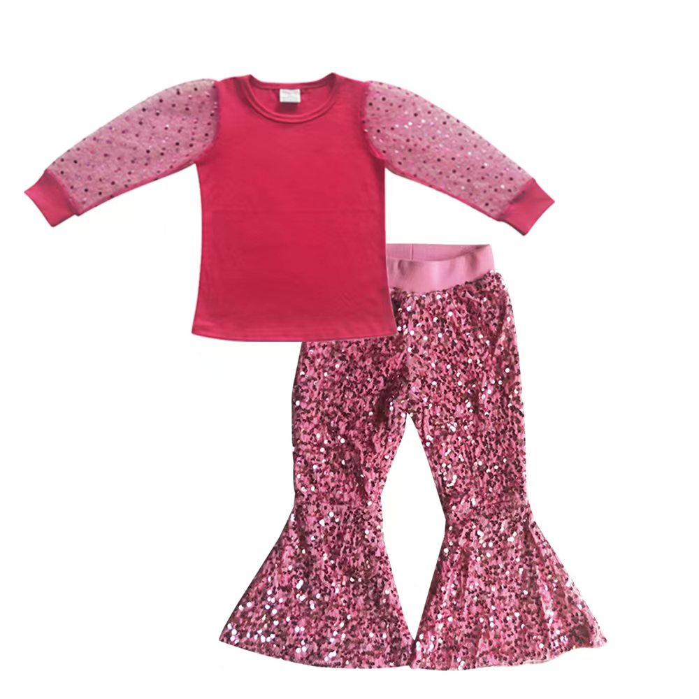 GLP0423 Hot Pink Lace Long Sleeve Pink Sequin Kids Set