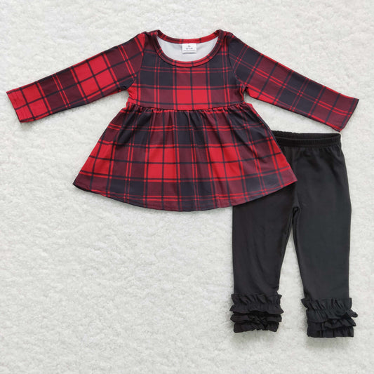 GLP0330 Christmas Plaid Print Black Pants Girls Set