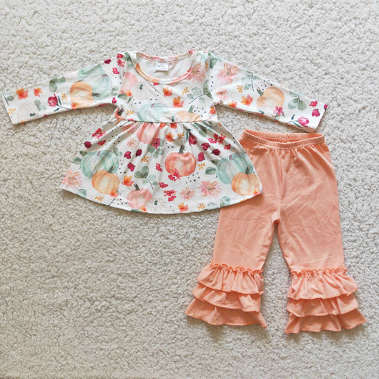 Fall Pumpkin Print Long Sleeve Ruffles Pants