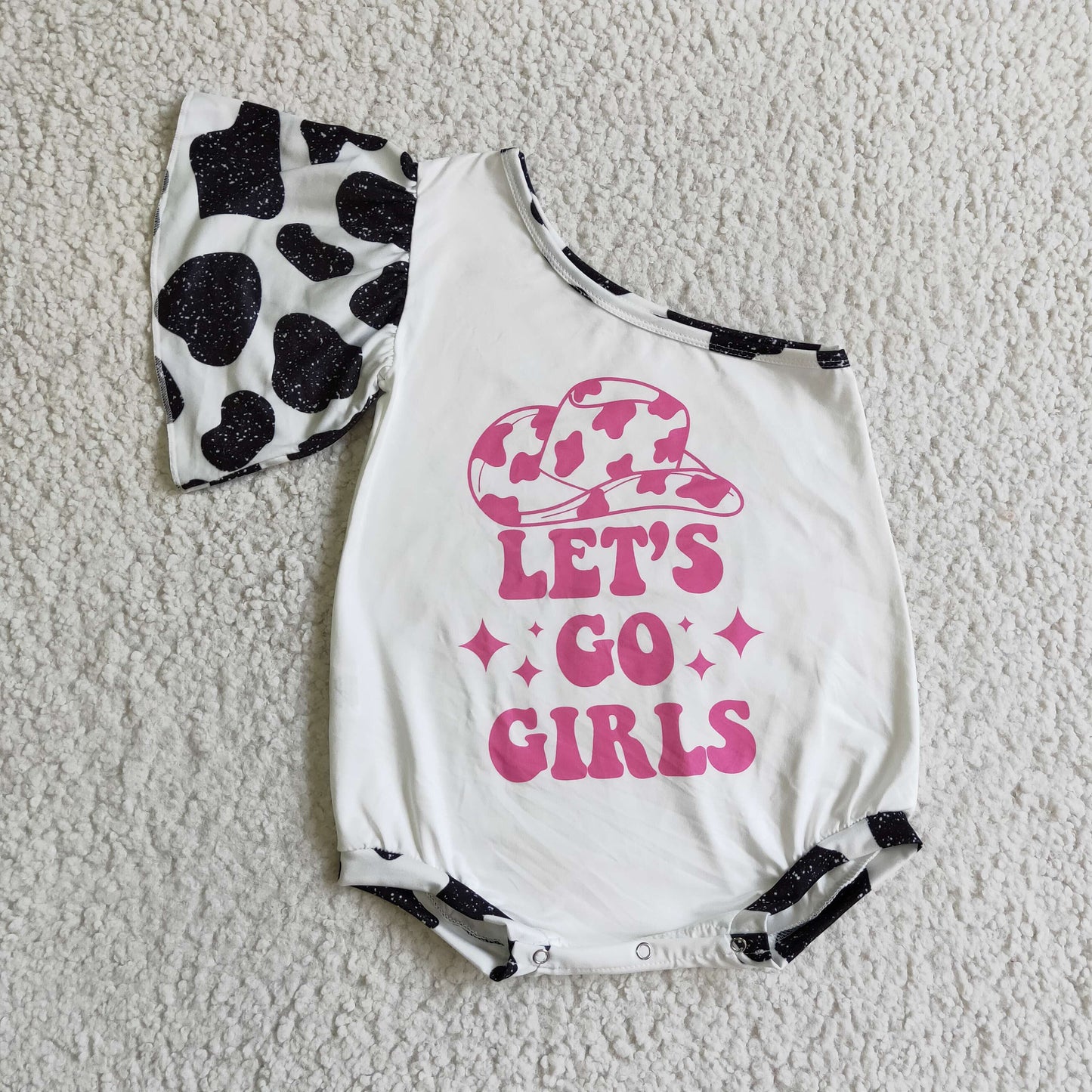 SR0102 Let's Go Girls Cow Print Bummies Romper