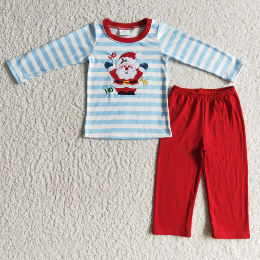 BLP0067 Blue Striped Print Embroidery Boys Santa Christmas Set