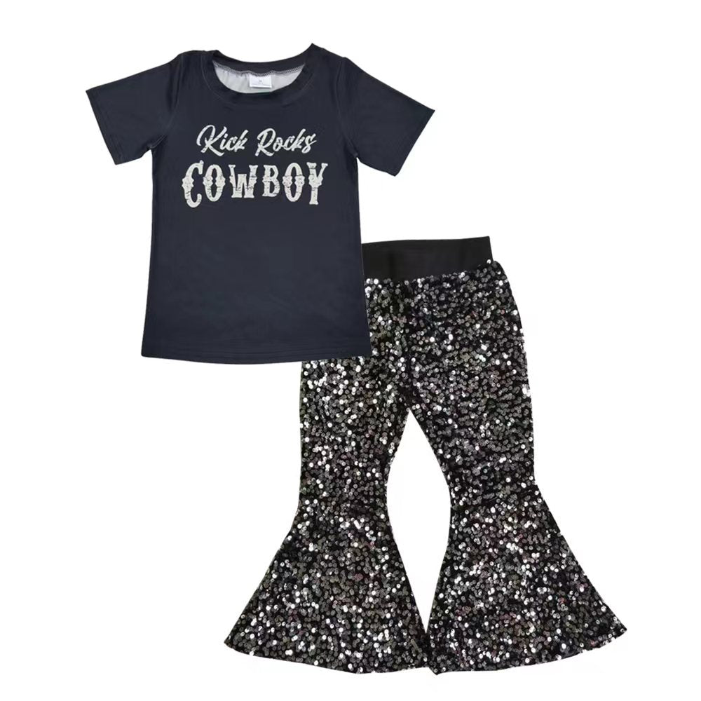 GSPO0624 Black Short Sleeve Cowboy Sequin Baby Girls Set