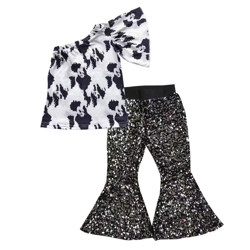 GSPO0628 Cow Print One Shoulder Black Sequin Girls Set