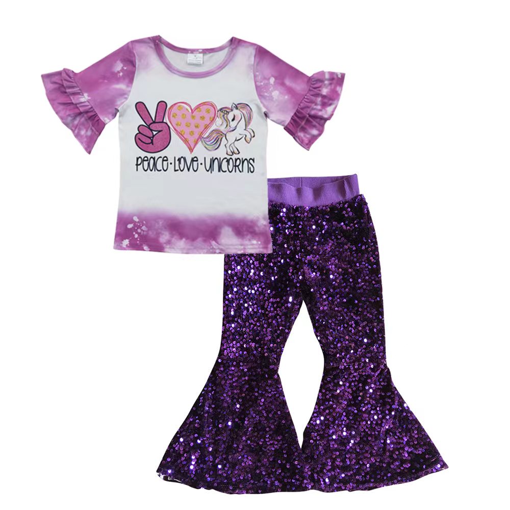 GSPO0629 Peace Love Purple Sequin Pants Baby Girls Set