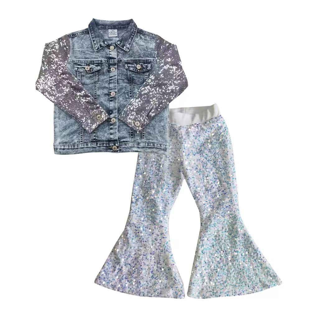 GSPO0630 Denim Jacket White Sequin Girls Set