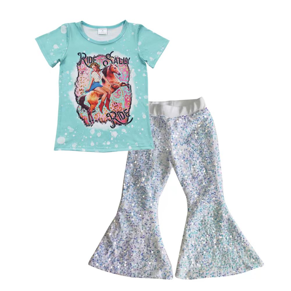 GSPO0631 Ride Horse Blue Short Sleeve White Sequin Girls Set