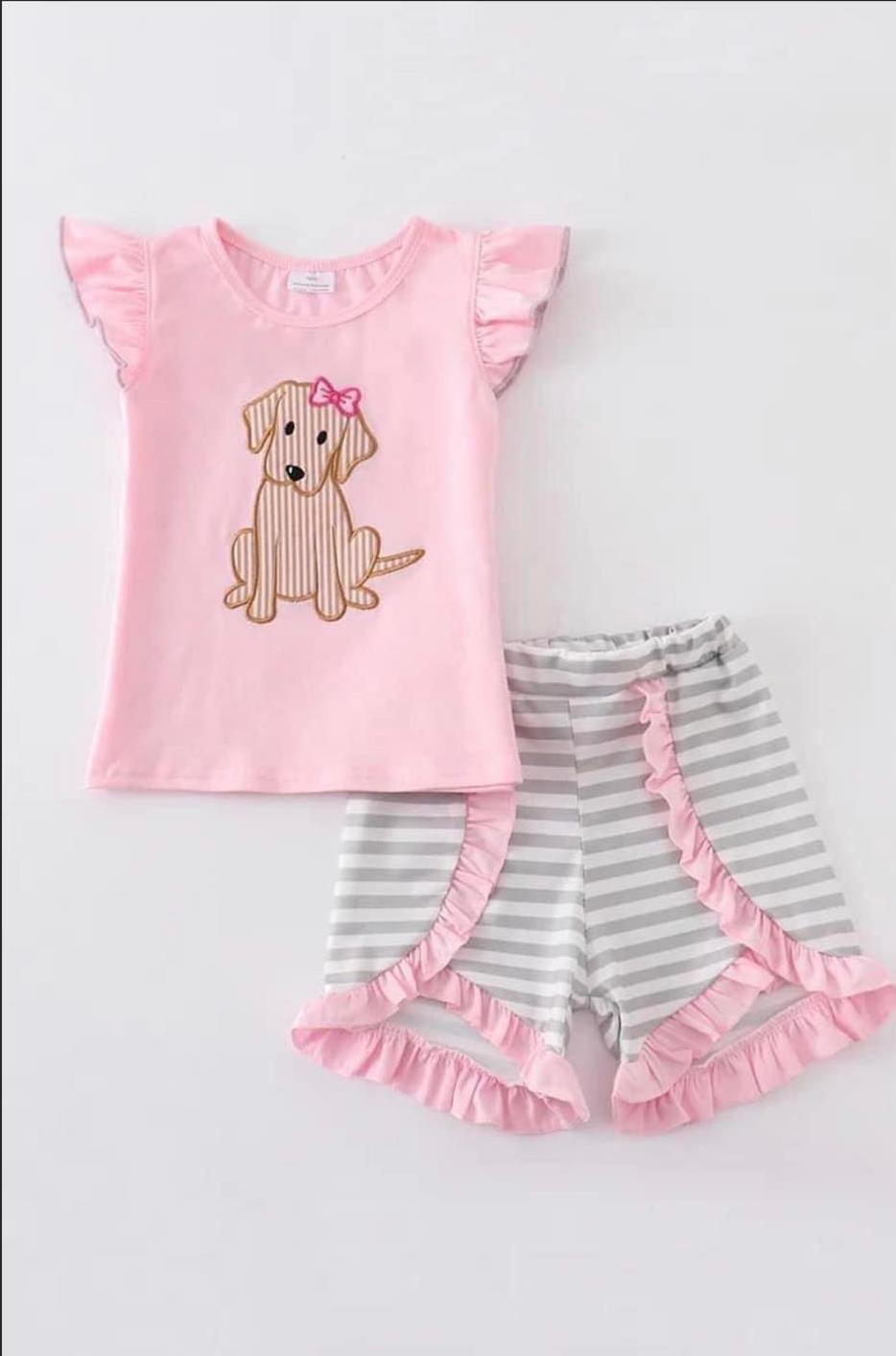 GSSO0223 Pink Flutter Sleeve Embroidery Dog Grey Striped Print Baby Girls Summer Set (Pre order )