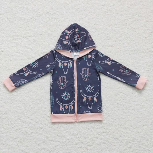 GT0059 Baby Girls Cow Skull Hat Zip Pullover