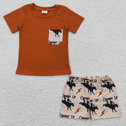 BSSO0162 Brown Western Short Sleeve Horse Boys Pocket Summer Set