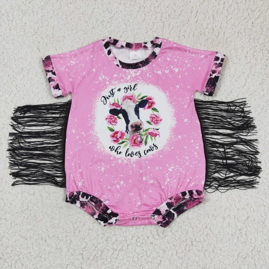 SR0105 Pink Cow Flower Tassels Girls Bummies Romper