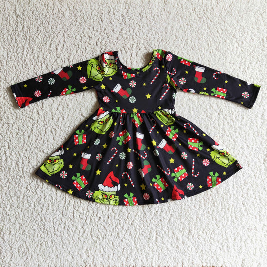 GLD0101 Christmas Green Long Sleeve Cartoon Dress