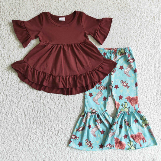 GSPO0192 Wine Hi-low Cotton Top Western Pants Girls Set