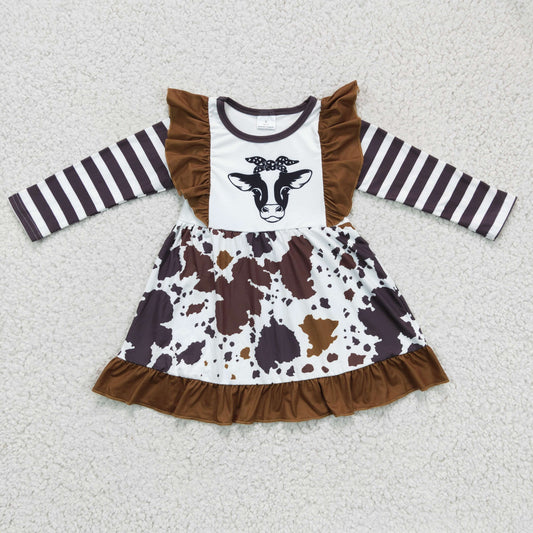 GLD0126 Cow Print Striped Print Brown Long Sleeve Girls Dress