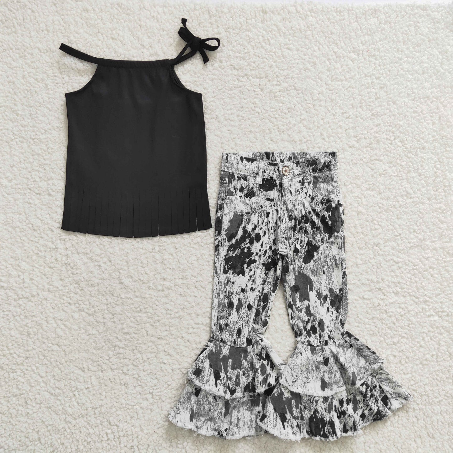 GSPO0563 Black Tassels Shirts Top Match Jeans Girls Outfit